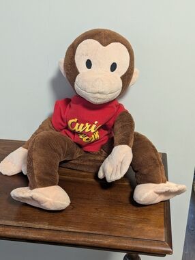 Zoobies Curious George Plush Brown Monkey Toy with Red Shirt . PJ Storage Bag.